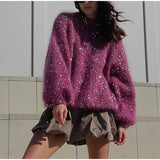 Load image into Gallery viewer, Fashionable sequined sweater, loose round neck lantern sleeve head, knitted sweater