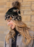 Load image into Gallery viewer, Green Camo Pom Hat w/ Leopard Trim