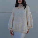 Load image into Gallery viewer, Fashionable sequined sweater, loose round neck lantern sleeve head, knitted sweater