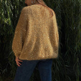 Load image into Gallery viewer, Fashionable sequined sweater, loose round neck lantern sleeve head, knitted sweater