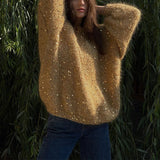 Load image into Gallery viewer, Fashionable sequined sweater, loose round neck lantern sleeve head, knitted sweater