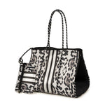 Load image into Gallery viewer, BLACK &amp; WHITE LEOPARD NEOPRENE TOTE WITH DETACHABLE WRISTLET POUCH