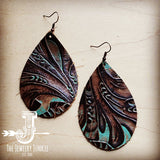 Load image into Gallery viewer, Leather Teardrop Earrings in Turquoise Brown Floral