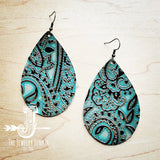 Load image into Gallery viewer, Leather Teardrop Earrings-Turquoise Brown Paisley