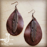 Load image into Gallery viewer, Leather Teardrop Earrings with Copper Feather