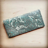 Load image into Gallery viewer, Embossed Leather Wallet in Turquoise Paisley with Snap