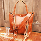 Load image into Gallery viewer, Genuine Leather Bucket Handbag w/ Braided Tassel Fringe