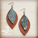 Load image into Gallery viewer, Leather Oval Tan Suede Earrings with Turquoise Paisley Accents