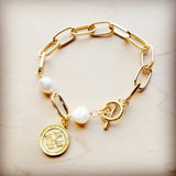 Load image into Gallery viewer, Gold Link Bracelet with Freshwater Pearls &amp; Gold Coin Medallion