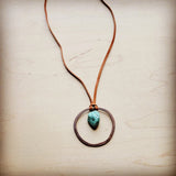 Load image into Gallery viewer, Leather Cord Necklace with Antique Gold Hoop and Turquoise