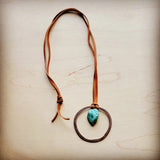 Load image into Gallery viewer, Leather Cord Necklace with Antique Gold Hoop and Turquoise