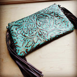 Load image into Gallery viewer, Embossed Cowboy Turquoise Leather Clutch Handbag