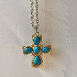 Load image into Gallery viewer, Long Pearl Necklace w/ Gold Turquoise Cross