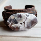 Load image into Gallery viewer, Brown Ocean Agate on Dusty Leather Cuff