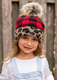 Load image into Gallery viewer, KIDS Red Buffalo Plaid Pom Hat w/ Leopard Trim