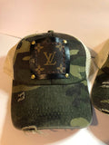 Load image into Gallery viewer, LV Upcycled Camo Criss Cross Ponytail Trucker Hat Leopard Print Leather